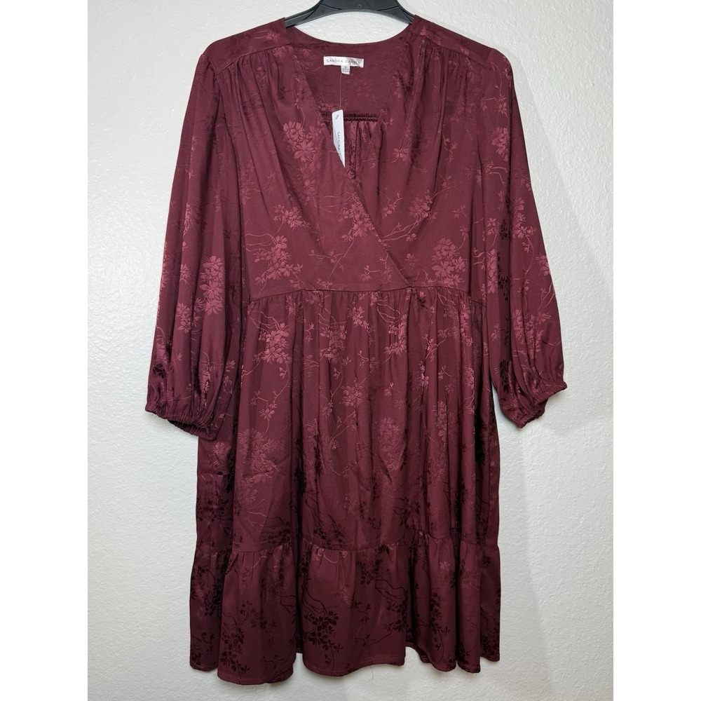 Sandra Darren Burgundy Floral Satin Tiered A-Line Dress V-Neck 3/4 Sleeve 12